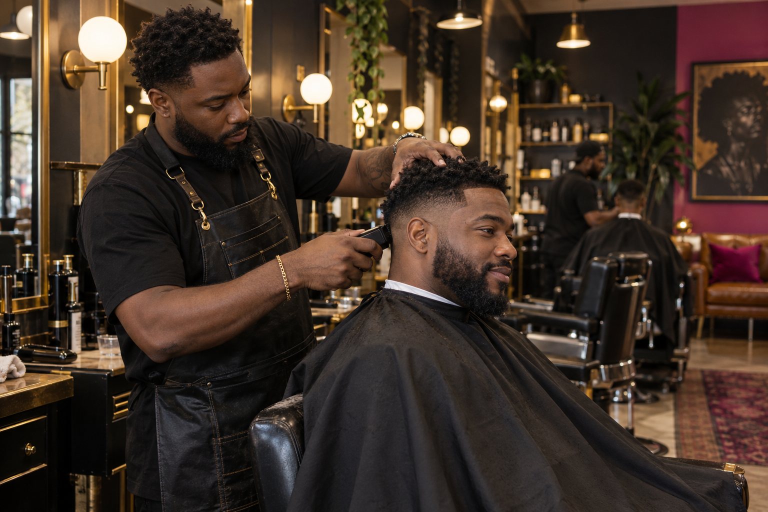 Barber shaping a client's haircut in a barbershop