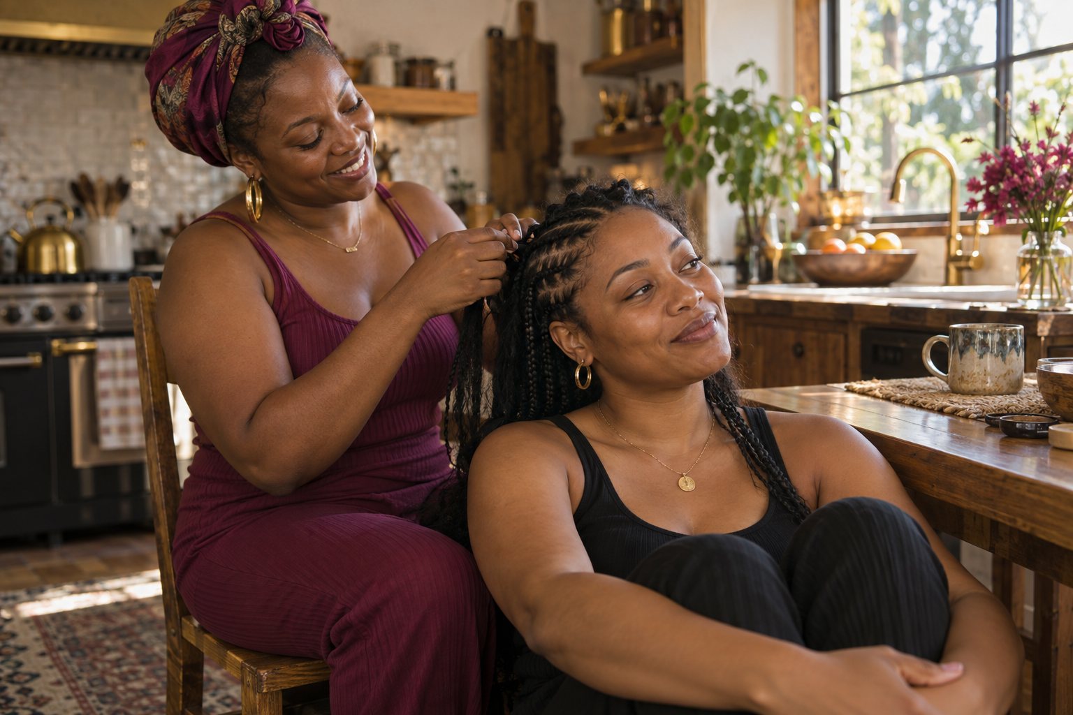 Friends braiding hair together in a home kitchen