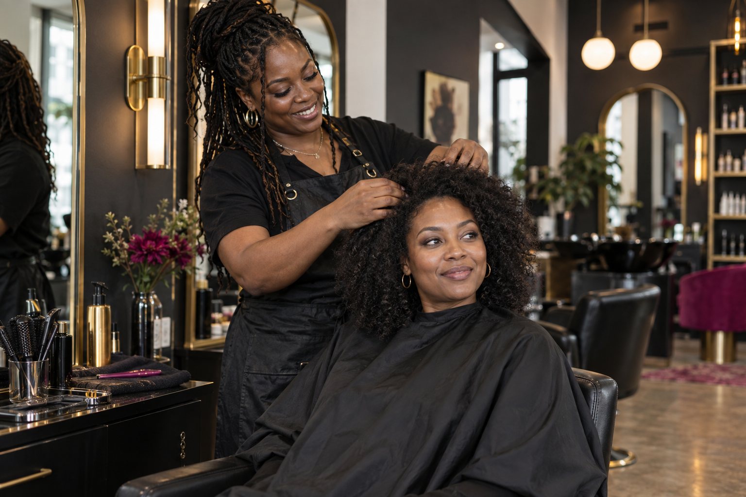 Hairstylist working with a client in a salon